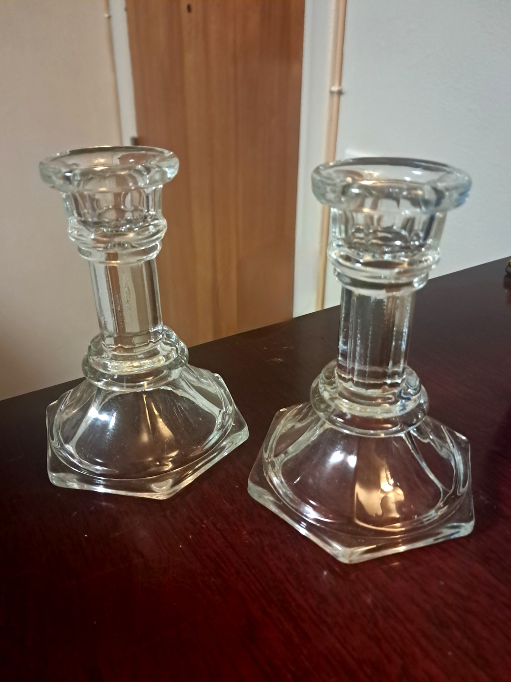 Anchor Hocking Clear Glass Hex Base Candlestick Holders - Pair